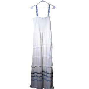 Draper James RSVP White Blue Embroidered Smocked Bodice Tiered Maxi Dress Sz XL
